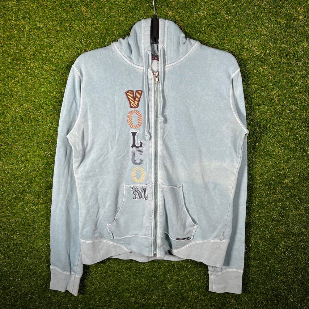 Volcom Womens XL‎ Blue Zip Up Hoodie Embroidered Logo Back Patch Y2K Skate